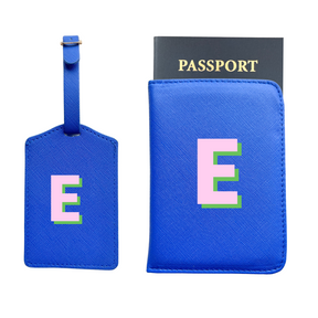 Personalized Vegan Leather Passport & Luggage Tag Set | Blue Single Monogram