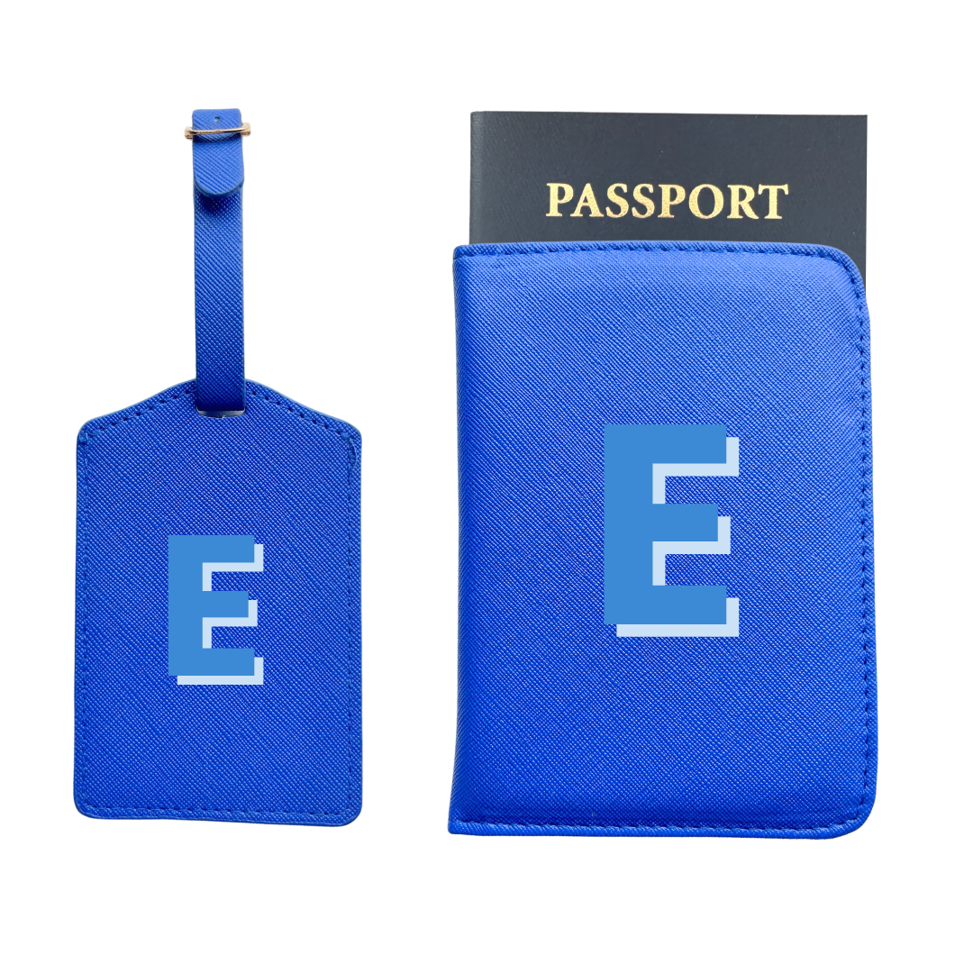 Personalized Vegan Leather Passport & Luggage Tag Set | Blue Single Monogram