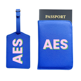 Personalized Vegan Leather Passport & Luggage Tag Set | Blue 3-Initial-Monogram