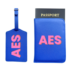 Personalized Vegan Leather Passport & Luggage Tag Set | Blue 3-Initial-Monogram