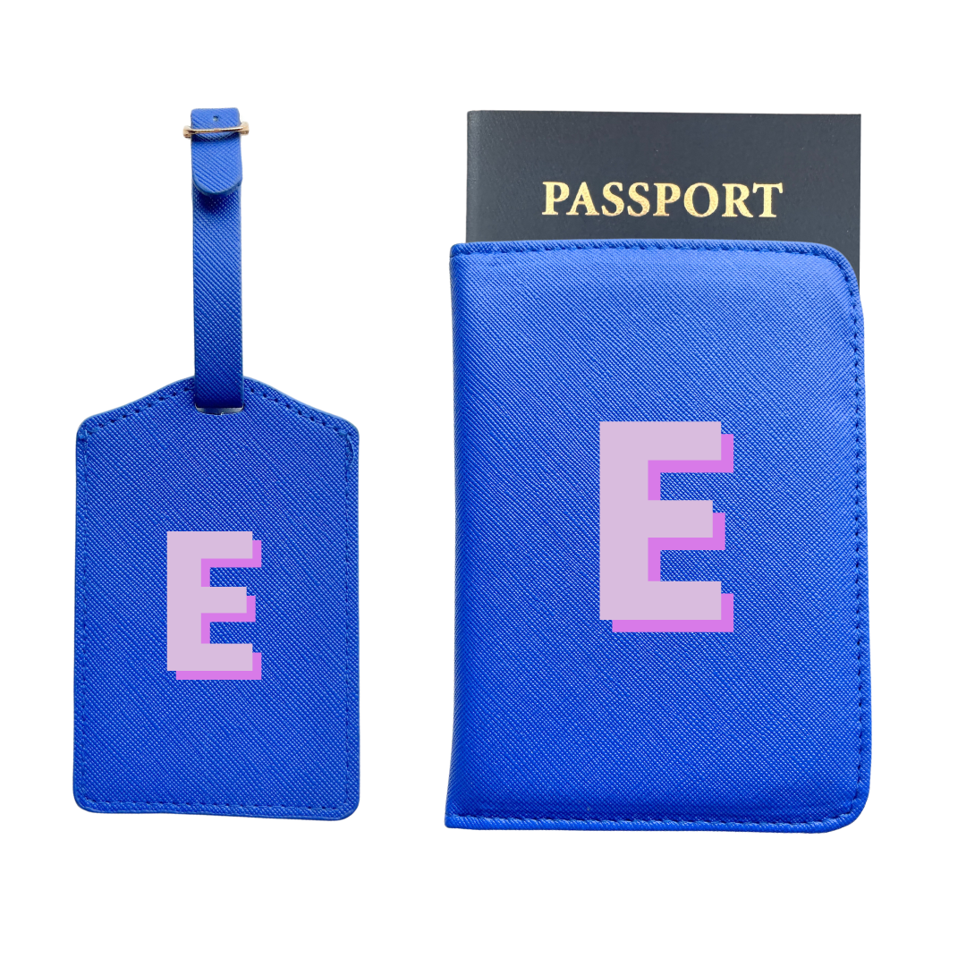 Personalized Vegan Leather Passport & Luggage Tag Set | Blue Single Monogram