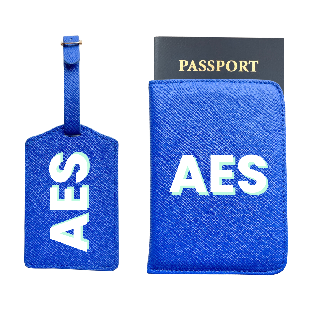 Personalized Vegan Leather Passport & Luggage Tag Set | Blue 3-Initial-Monogram