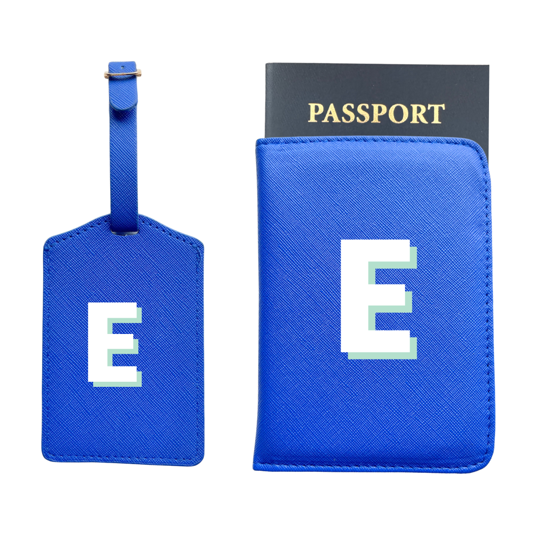 Personalized Vegan Leather Passport & Luggage Tag Set | Blue Single Monogram