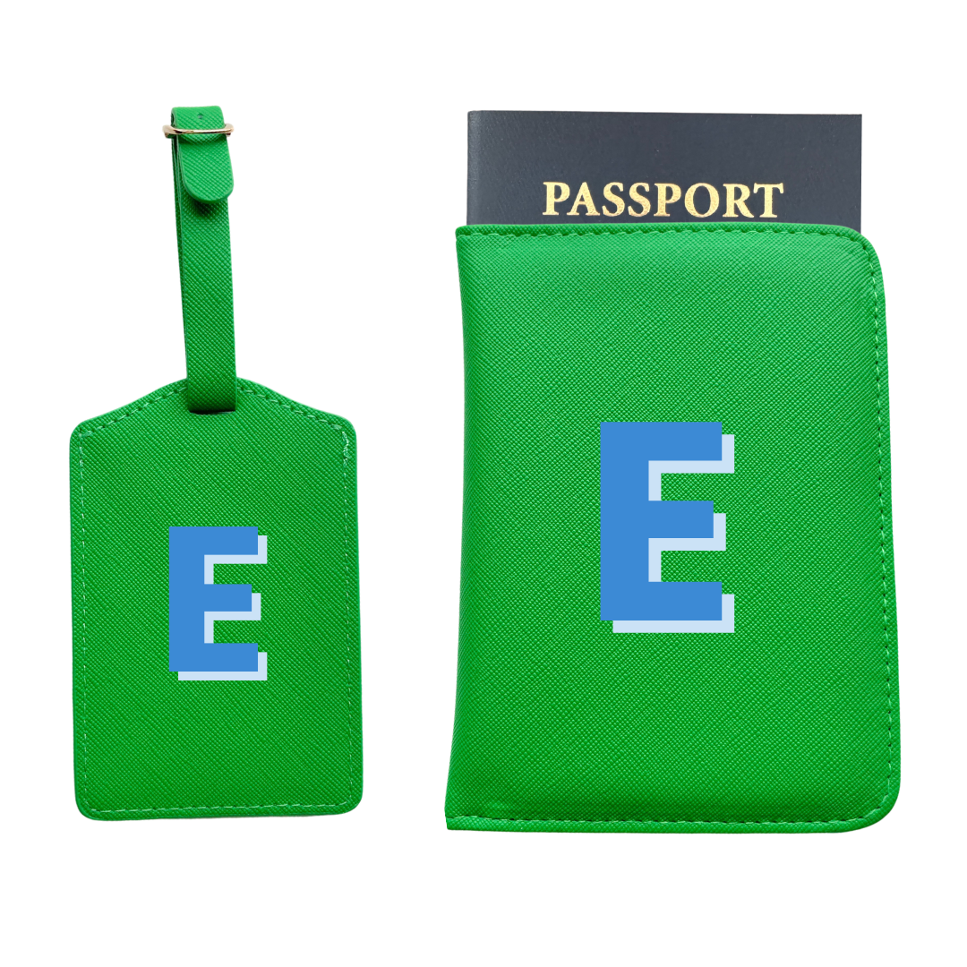 Personalized Vegan Leather Passport & Luggage Tag Set | Green Single Monogram