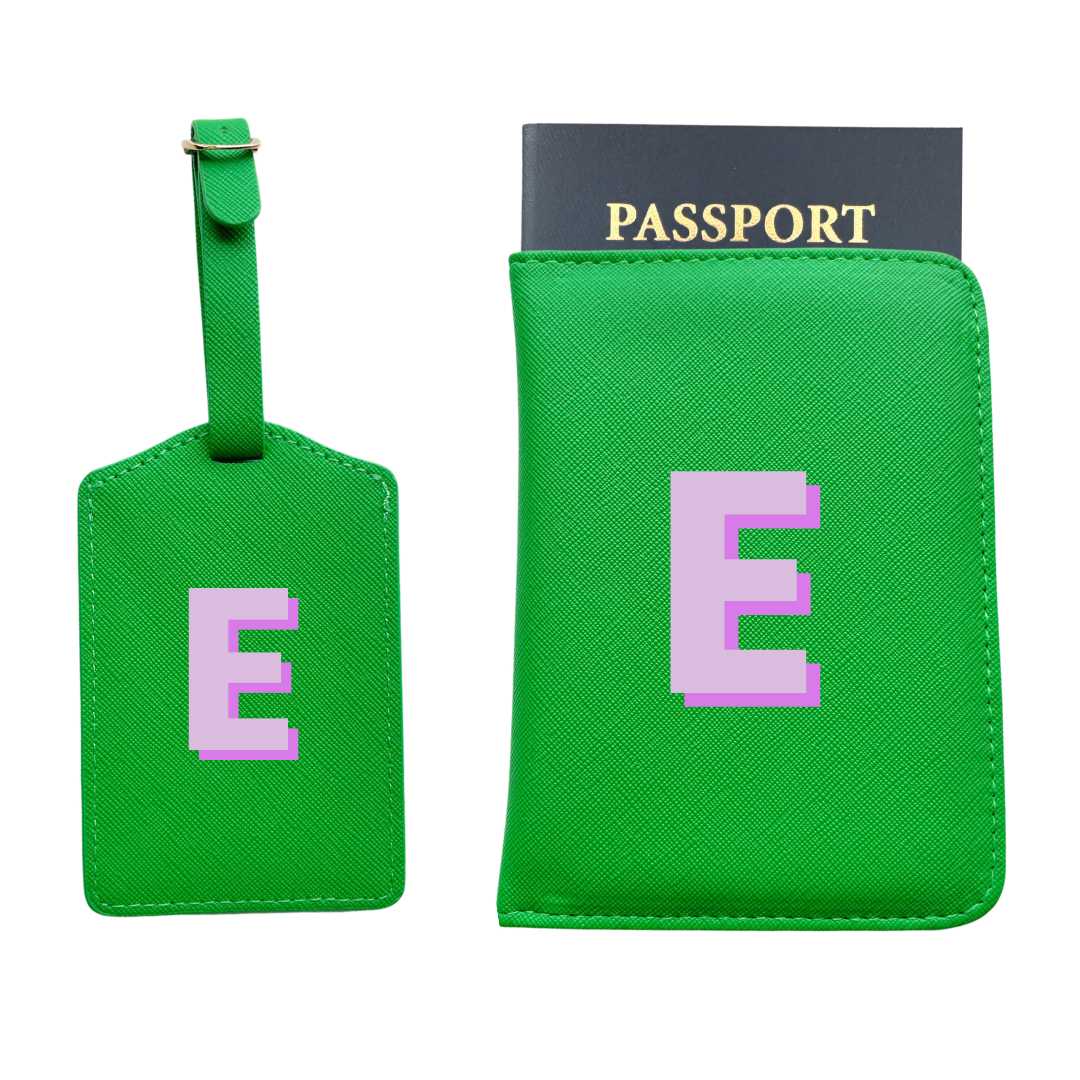 Personalized Vegan Leather Passport & Luggage Tag Set | Green Single Monogram