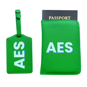 Personalized Vegan Leather Passport & Luggage Tag Set | Green 3-Initial-Monogram