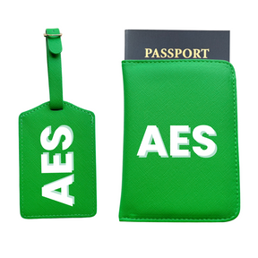 Personalized Vegan Leather Passport & Luggage Tag Set | Green 3-Initial-Monogram