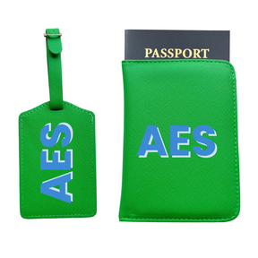 Personalized Vegan Leather Passport & Luggage Tag Set | Green 3-Initial-Monogram