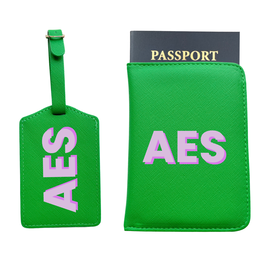 Personalized Vegan Leather Passport & Luggage Tag Set | Green 3-Initial-Monogram