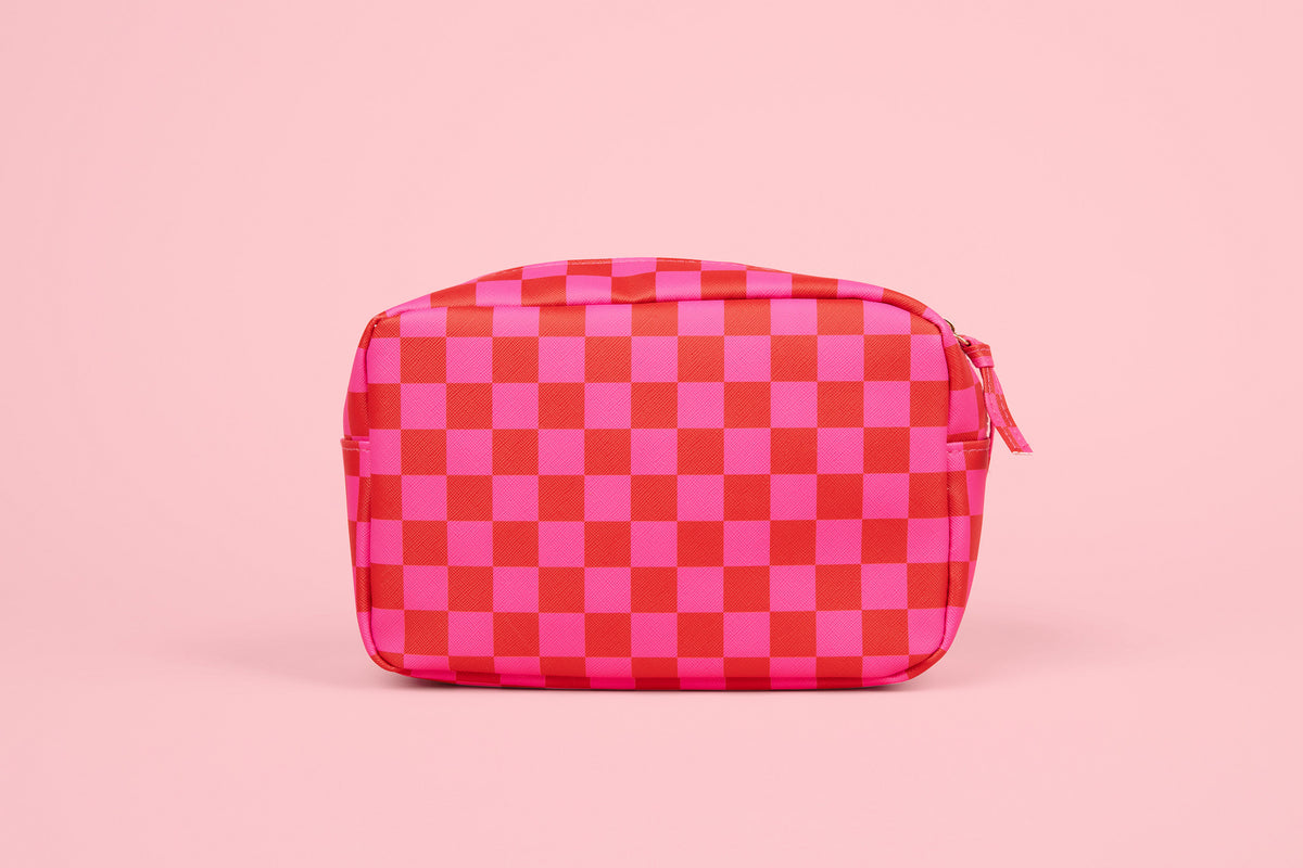 Pink & Red Checkered | Leatherette Cosmetic Bag