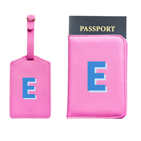 Personalized Vegan Leather Passport & Luggage Tag Set | Pink Single Monogram