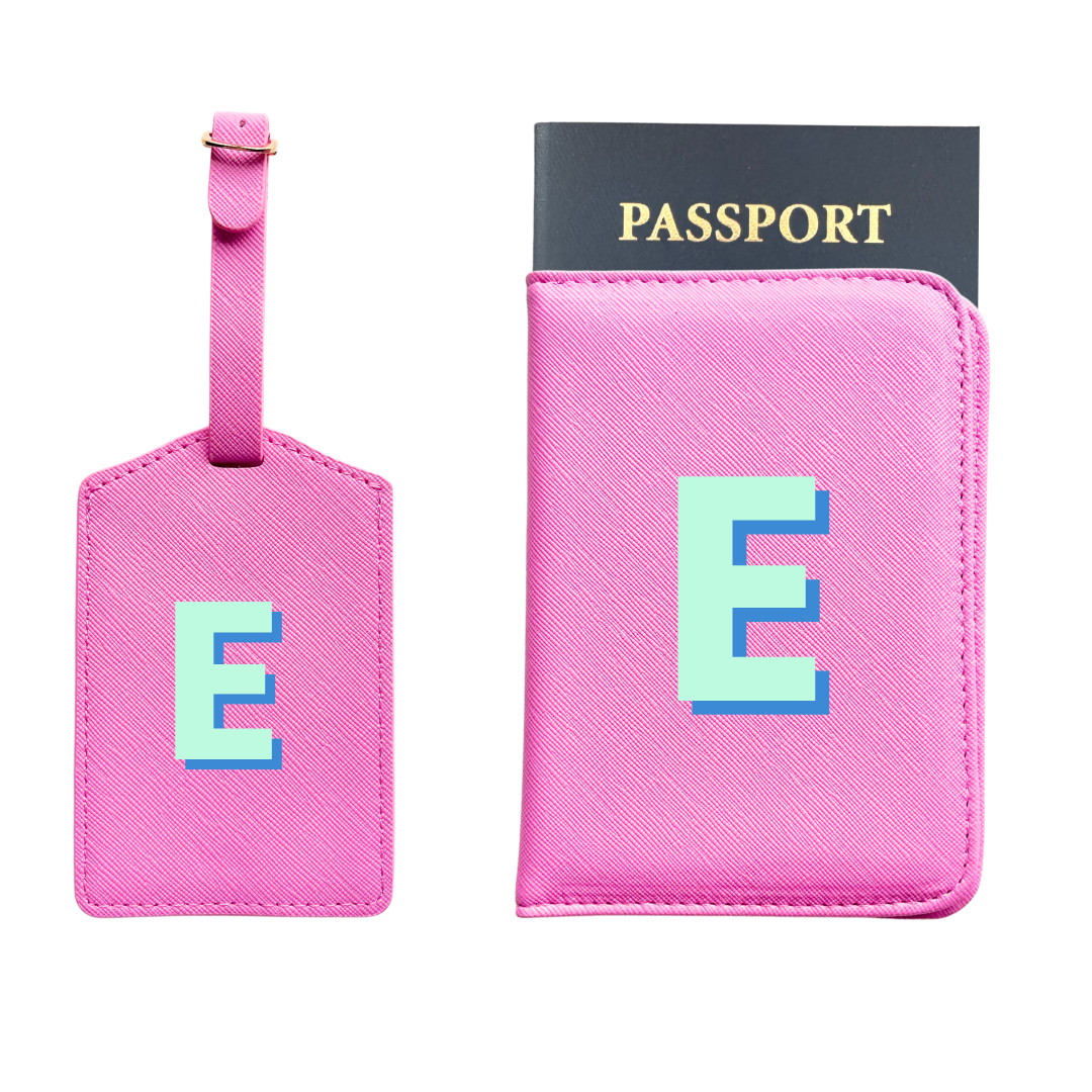 Personalized Vegan Leather Passport & Luggage Tag Set | Pink Single Monogram