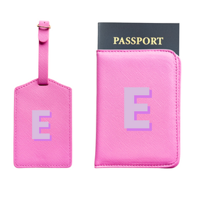 Personalized Vegan Leather Passport & Luggage Tag Set | Pink Single Monogram