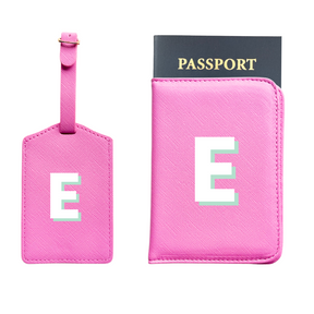 Personalized Vegan Leather Passport & Luggage Tag Set | Pink Single Monogram