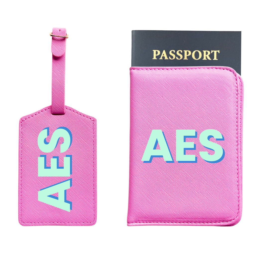 Personalized Vegan Leather Passport & Luggage Tag Set | Pink 3-Initial-Monogram