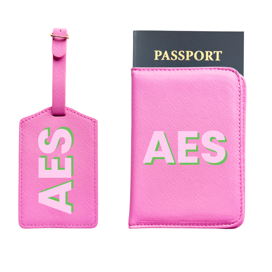 Personalized Vegan Leather Passport & Luggage Tag Set | Pink 3-Initial-Monogram