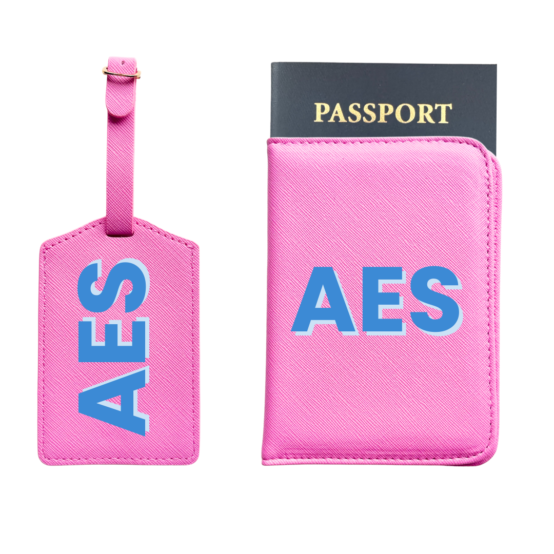 Personalized Vegan Leather Passport & Luggage Tag Set | Pink 3-Initial-Monogram