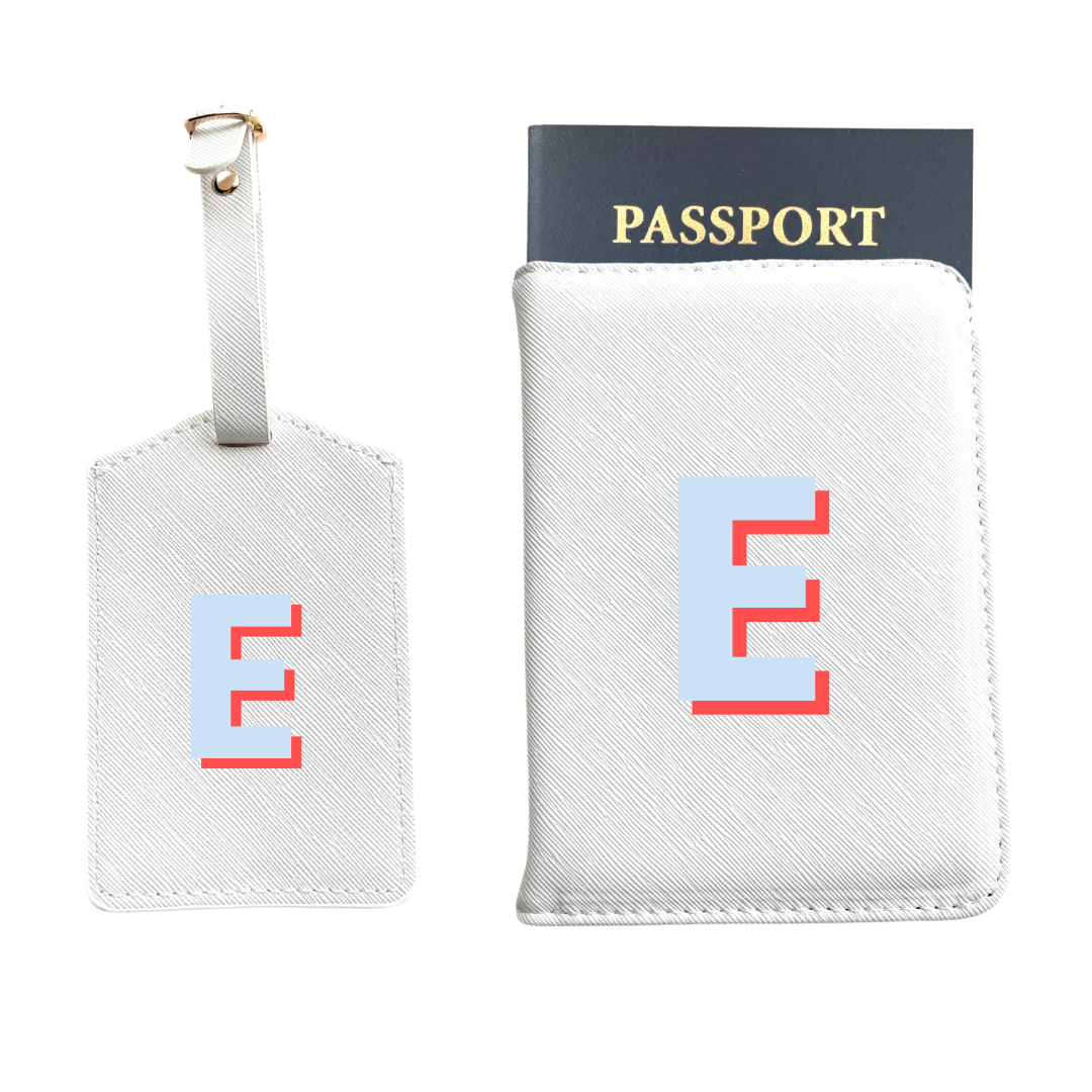 Personalized Vegan Leather Passport & Luggage Tag Set | White Single Monogram