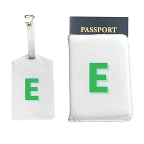 Personalized Vegan Leather Passport & Luggage Tag Set | White Single Monogram