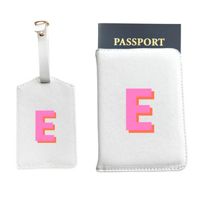 Personalized Vegan Leather Passport & Luggage Tag Set | White Single Monogram