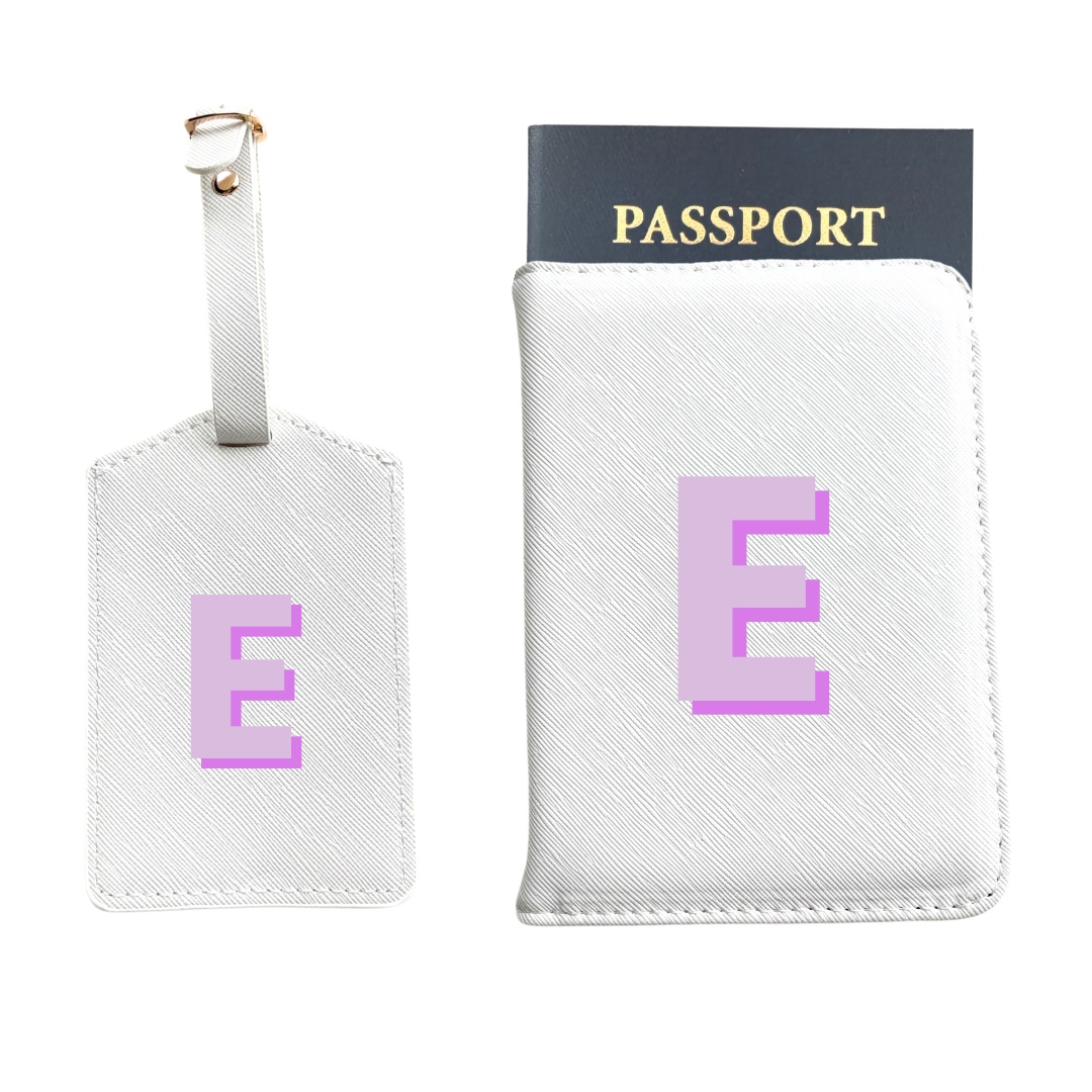 Personalized Vegan Leather Passport & Luggage Tag Set | White Single Monogram