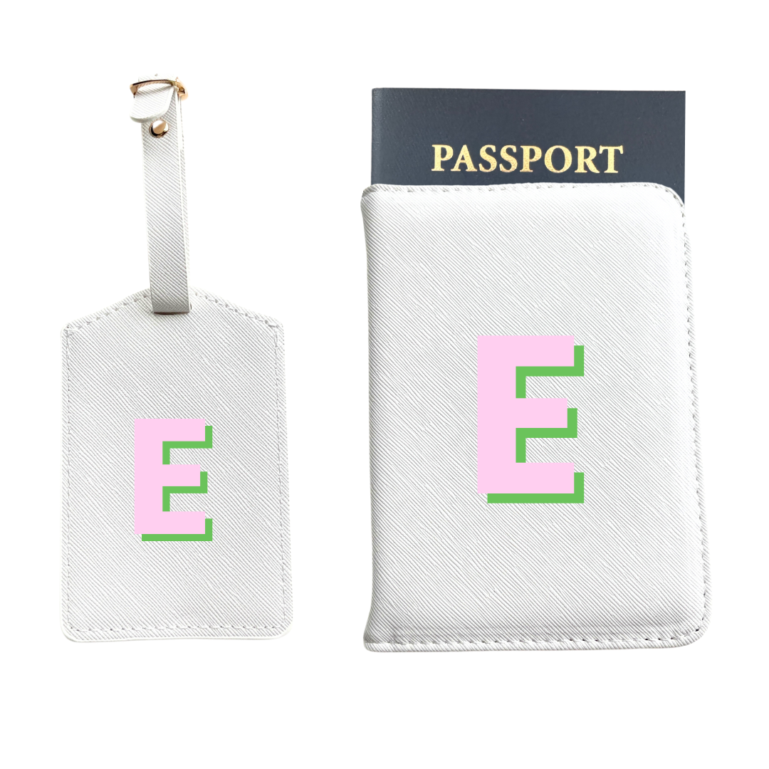 Personalized Vegan Leather Passport & Luggage Tag Set | White Single Monogram