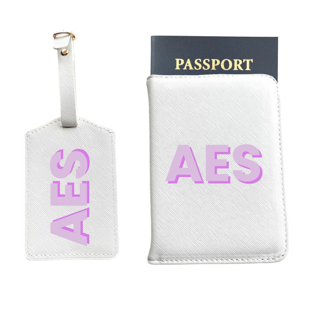 Personalized Vegan Leather Passport & Luggage Tag Set | White 3-Initial-Monogram