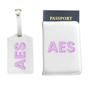 Personalized Vegan Leather Passport & Luggage Tag Set | White 3-Initial-Monogram