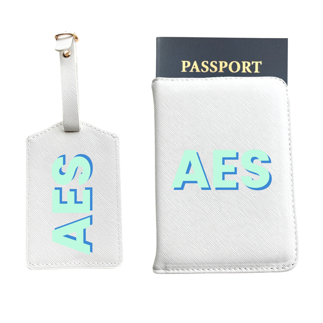 Personalized Vegan Leather Passport & Luggage Tag Set | White 3-Initial-Monogram