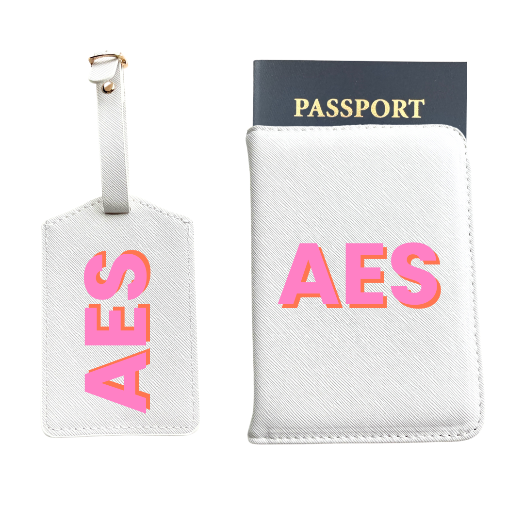 Personalized Vegan Leather Passport & Luggage Tag Set | White 3-Initial-Monogram