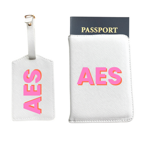 Personalized Vegan Leather Passport & Luggage Tag Set | White 3-Initial-Monogram