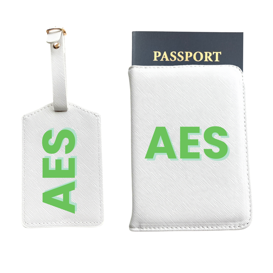 Personalized Vegan Leather Passport & Luggage Tag Set | White 3-Initial-Monogram