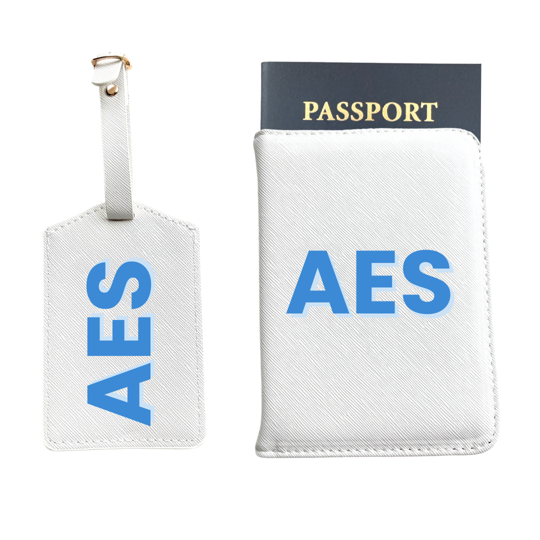 Personalized Vegan Leather Passport & Luggage Tag Set | White 3-Initial-Monogram